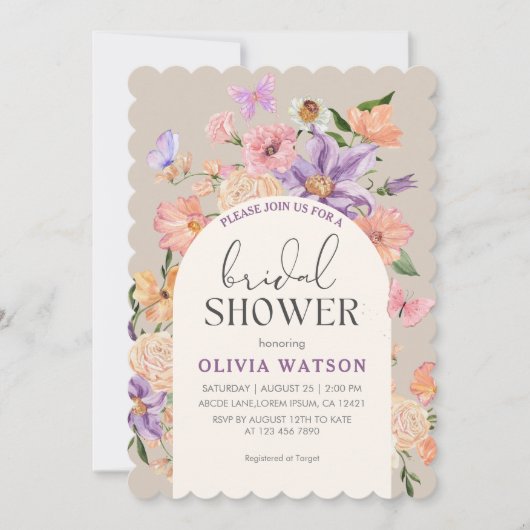 Boho chic Wildblumen Schmetterlinge Brautparty Einladung (Vorderseite)