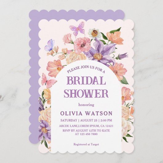 Boho chic Wildblumen Schmetterlinge Brautparty Einladung (Vorne/Hinten)