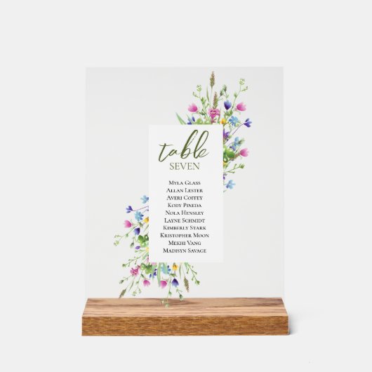 Boho chic Wildblumen Script Hochzeitssitze Acrylschild (Vorderseite)