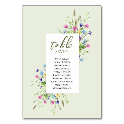 Boho chic Wildblumen Script Hochzeitssitze Tischnummer (Vorderseite)