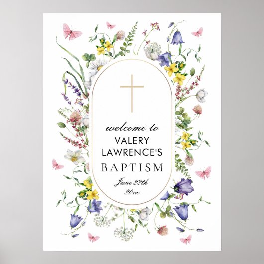 Boho Chic Wildblumen Taufe Willkommen Poster (Vorne)