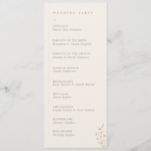 Boho-chic-wilde-Blumen-Hochzeitsprogramm Programm (Rückseite)