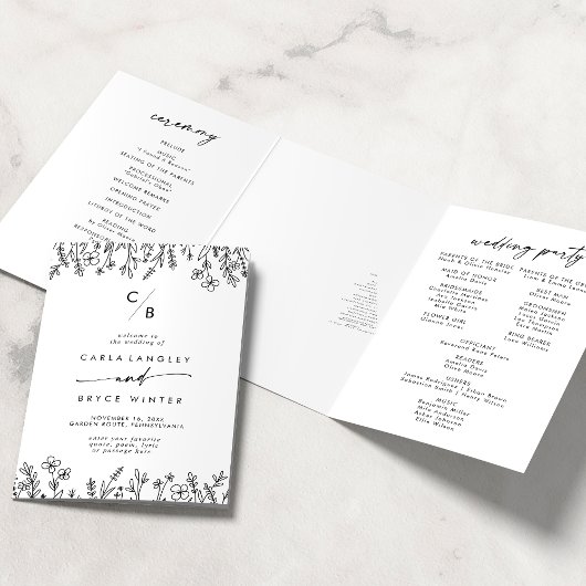 Boho-Chic-Wildflower-Monogramm-Hochzeit Dreifach-gefaltete Programmkarte