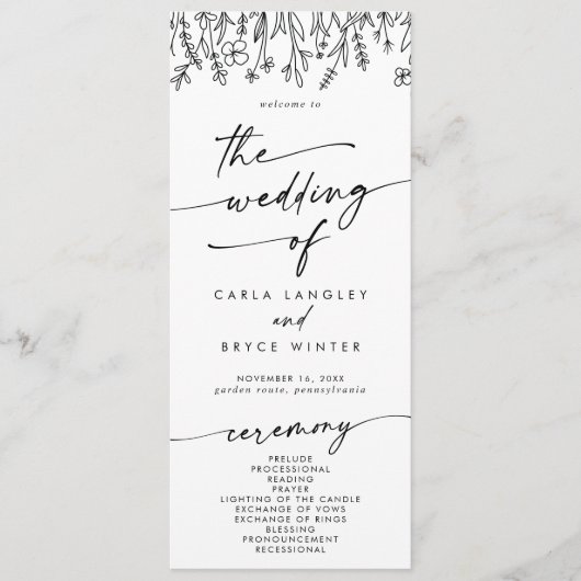 Boho Chic Wildflower Tea Length Wedding Programm (Vorderseite)