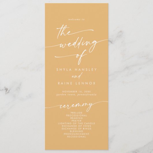 Boho Chic Yellow Marigold Tee Langjährige Hochzeit Programm (Vorderseite)