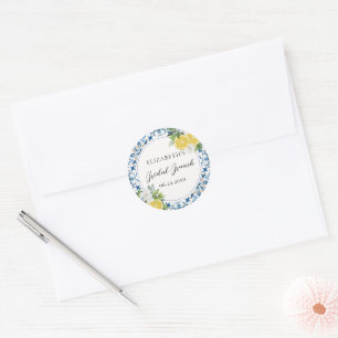 Boho Chic Zitrus Italienische Blaue Fliesen Brautp Runder Aufkleber