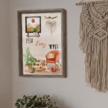 Boho Chic Zuhause Scene Zitat genießen jeden Momen Poster<br><div class="desc">Bohemische Wohngestaltung mit modernem Sessel aus der Mitte des Jahrhunderts mit Kissen und Hausschuhen,  ein paar Pflanze und Teppich mit Wandbild und makramem Hängewerk. Boho chic "Enjoy Every moment" editierbaren Zitat / Sprichwort. Composite Design von Holiday Hearts Designs.</div>
