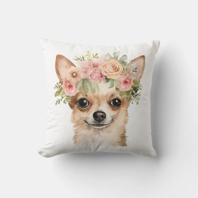 Boho Chihuahua Blume Crown Watercolor Kissen (Vorderseite)