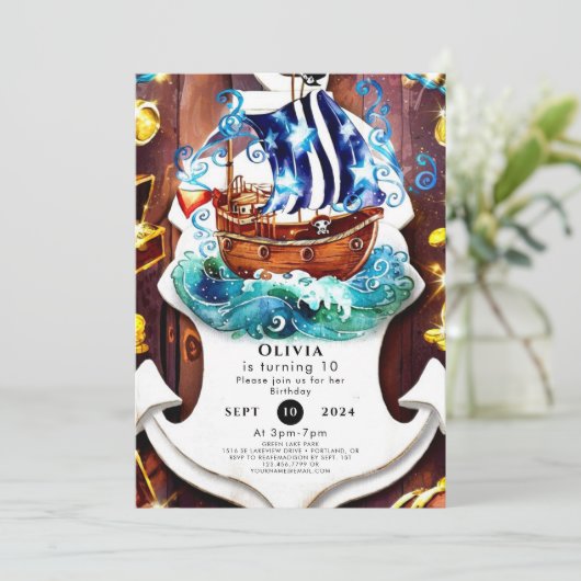 Boho Children's Adventure Pirate Birthday Einladung (Stehend Vorderseite)