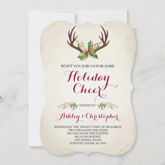Boho Christmas Invite ~ Rustic Deer Antler Einladung (Vorderseite)