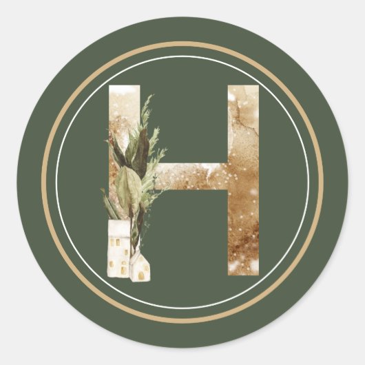 Boho Christmas Monogram H mit Grüntönen Runder Aufkleber (Vorderseite)
