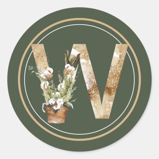 Boho Christmas Monogram W mit Cotton Arrangement Runder Aufkleber (Vorderseite)