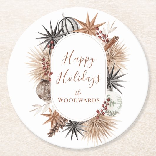Boho Christmas Personalisiert Runder Pappuntersetzer (Vorderseite)