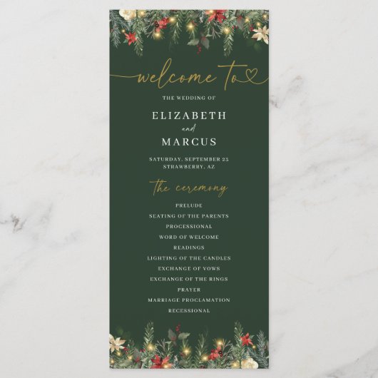 Boho Christmas Pine Tree Lights Elegante Hochzeit Programm (Vorderseite)