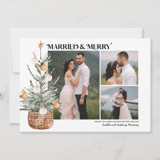 Boho Christmas Tree Newlywed 3 Foto Holiday Card (Vorderseite)