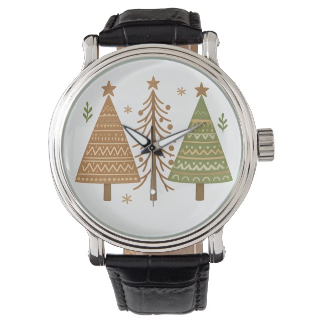 Boho Christmas Trees Neutral Holiday Style Armbanduhr (Vorderseite)
