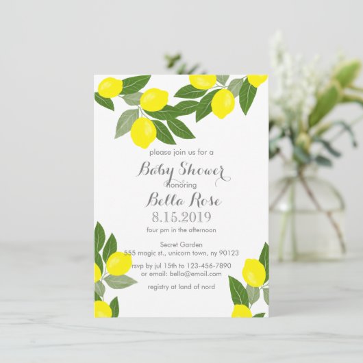 Boho Citrus Lemon Baby Shower Einladungen (Stehend Vorderseite)