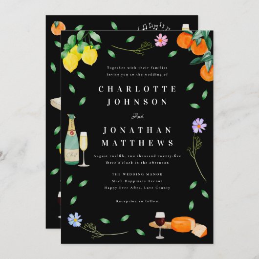 Boho Citrus & Wine Black & White Wedding Einladung (Vorne/Hinten)