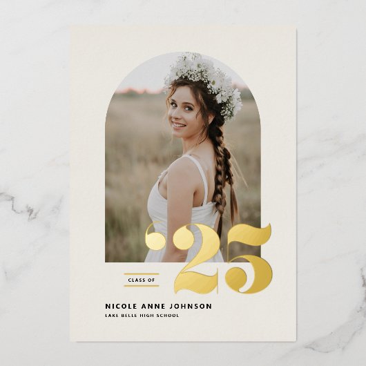 Boho Class of 2025 Arch Foto Abschluss Folieneinladung (Vorderseite)