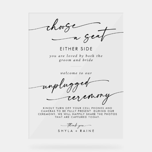 Boho Clear Akryllische Hochzeitssitze Unplugged Ze Acrylschild (Vorderseite)