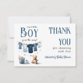Boho Clothesline Blue Boy Baby Dusche Dankeskarte (Vorderseite)