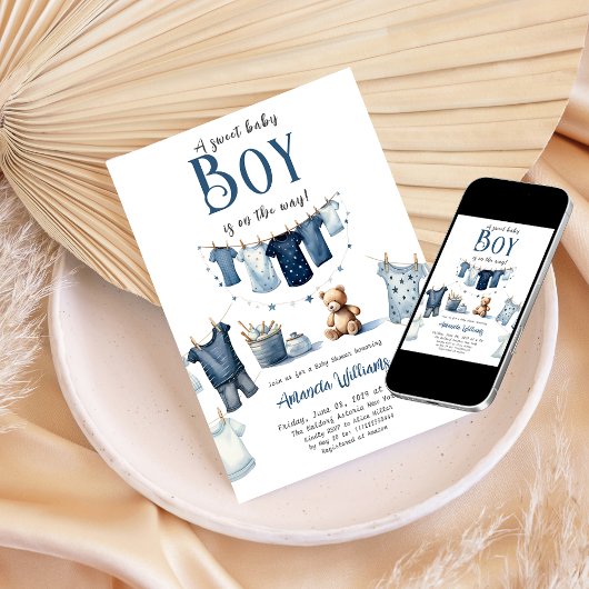 Boho Clothesline Blue Sweet Boy Baby Dusche Einladung