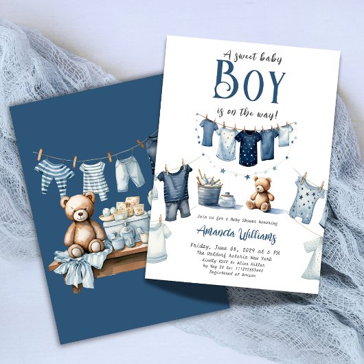 Boho Clothesline Blue Sweet Boy Baby Dusche Einladung