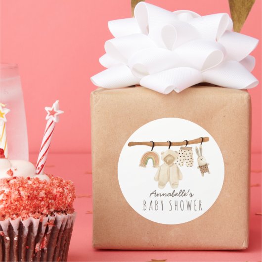 Boho Clothesline Gender Neutral Baby Shower Runder Aufkleber (Party)