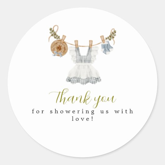 Boho Clothesline Girl blau-weiß Aquarell Runder Aufkleber (Vorderseite)