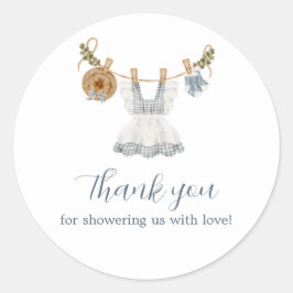 Boho Clothesline Girl blau-weiß Aquarell Runder Aufkleber