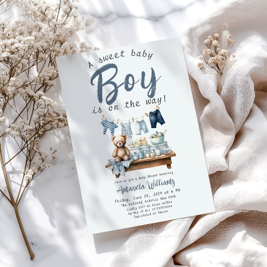 Boho Clothesline Sweet Blue Boy Baby Dusche Einladung