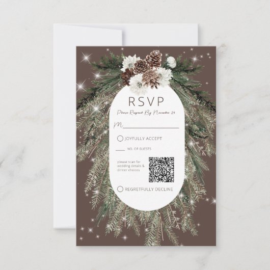 Boho Cocoa Pine Winter Sparkle QR-Code RSVP Karte (Vorderseite)