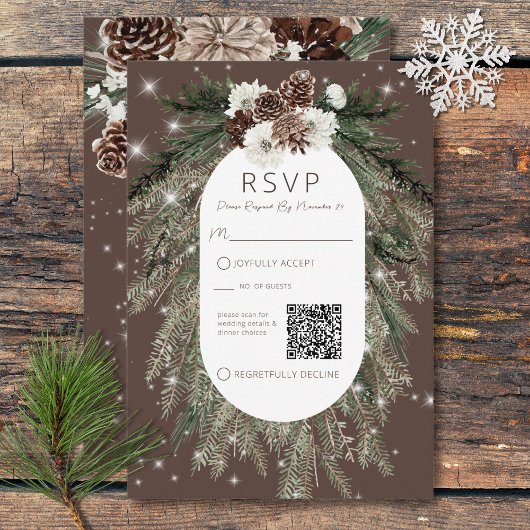 Boho Cocoa Pine Winter Sparkle QR-Code RSVP Karte