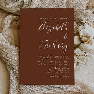 Boho Coffee Brown Minimalist Schrift Hochzeit Einladung