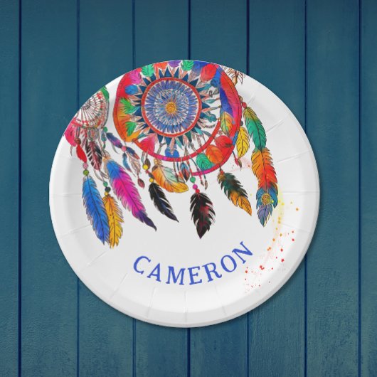 Boho Colorful Dreamcatcher Bday Feather Pappteller