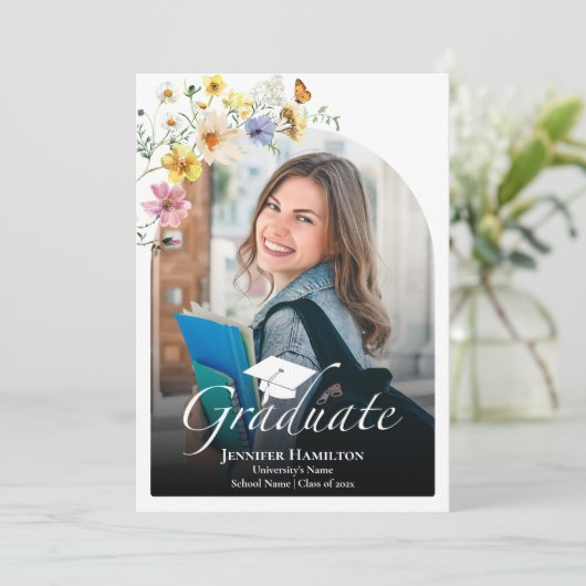 Boho Colorful Wildblume Graduation Party Foto Einladung (Stehend Vorderseite)