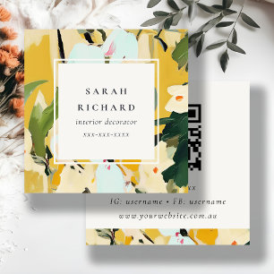 Boho Colorful Yellow Ochre Painted Floral QR Code Quadratische Visitenkarte