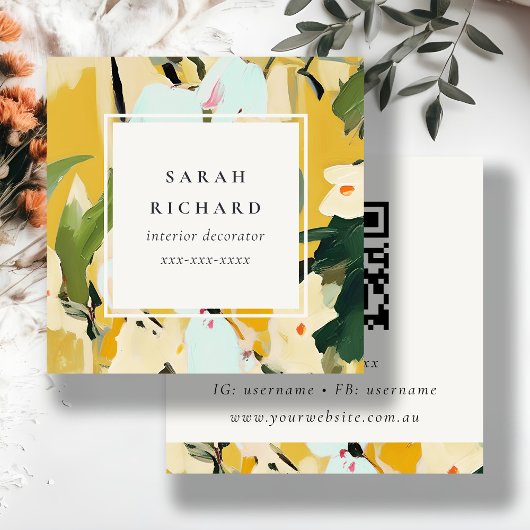Boho Colorful Yellow Ochre Painted Floral QR Code Quadratische Visitenkarte