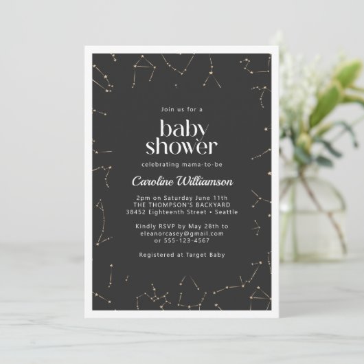 Boho Constellations Stars Black Gold Baby Shower Einladung (Stehend Vorderseite)