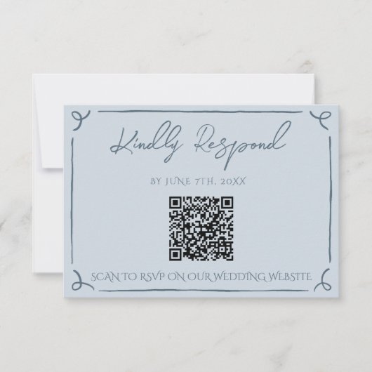 Boho Cool Marina Blue Frame QR Code Wedding  RSVP Karte (Vorderseite)