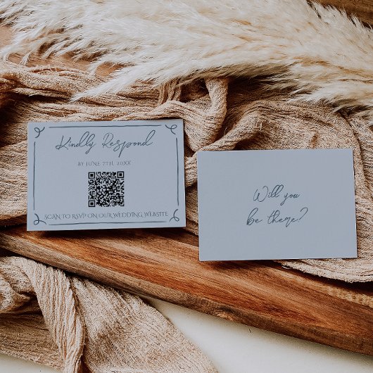 Boho Cool Marina Blue Frame QR Code Wedding  RSVP Karte