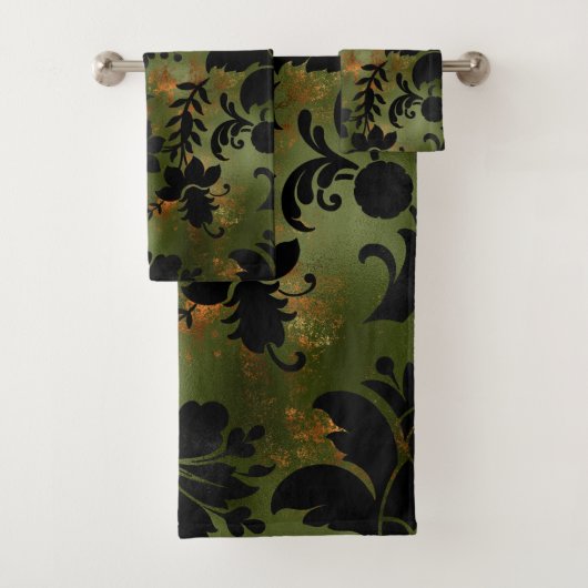 Boho Copper Black Green Floral Badhandtuch Set (Insitu)
