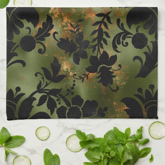 Boho Copper Black Green Floral Geschirrtuch (Gefaltet)