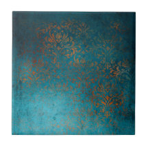 Boho Copper Blue Damask Grunge