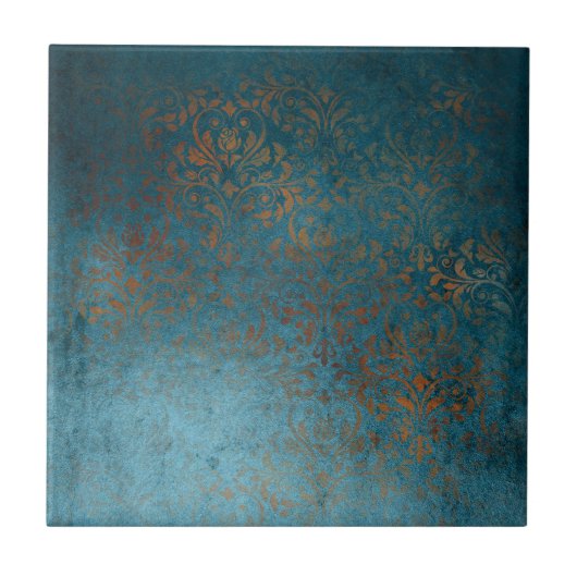 Boho Copper Blue Damask Grunge Fliese (Vorderseite)