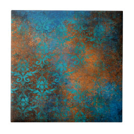 Boho Copper Blue Floral Damask Grunge Fliese
