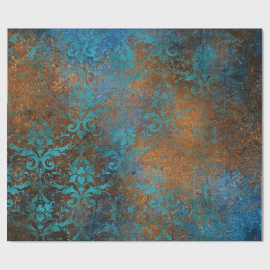 Boho Copper Blue Floral Damask Grunge Geschenkpapier (Flach)