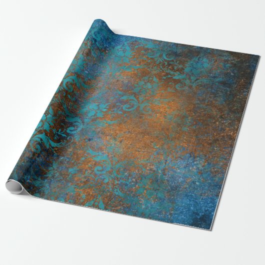 Boho Copper Blue Floral Damask Grunge Geschenkpapier (Ungerollt)