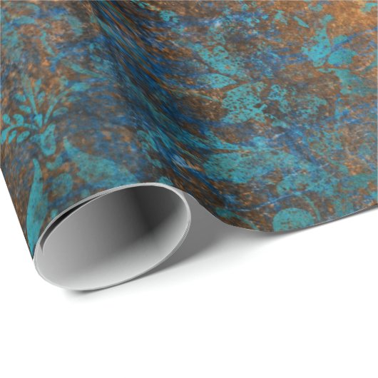 Boho Copper Blue Floral Damask Grunge Geschenkpapier (Rolleneckpunkt)