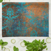 Boho Copper Blue Floral Damask Grunge Geschirrtuch (Gefaltet)